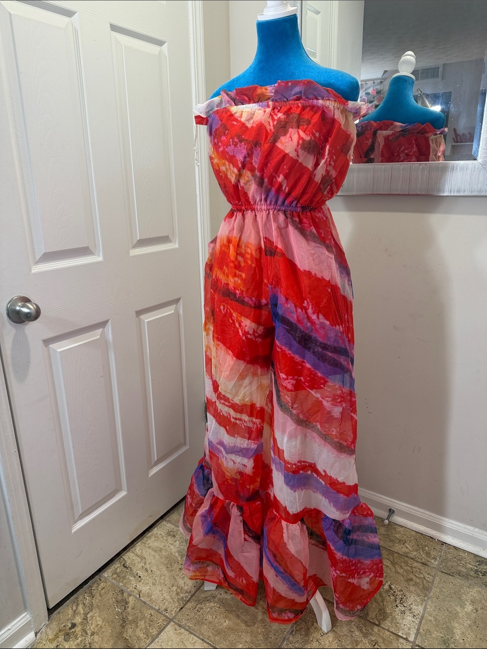 Red Multicolor Off-Shoulder Ruffle-Hem Wide Leg Jumpsuit
